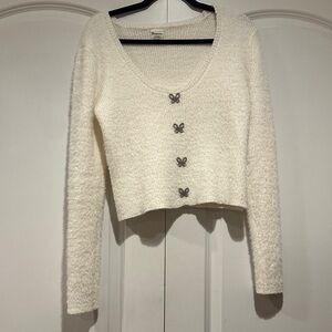 Cream Cropped Sweater with Butterfly Buttons